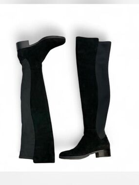 Tory  Burch Black Suede Knee-High Block Heel Boots with heel logo detail